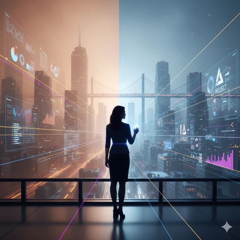 une femme business face à des grattes ciel