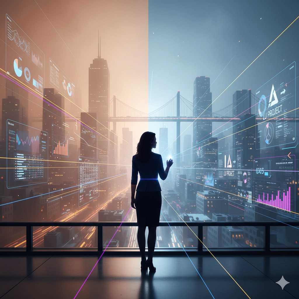 une femme business face à des grattes ciel